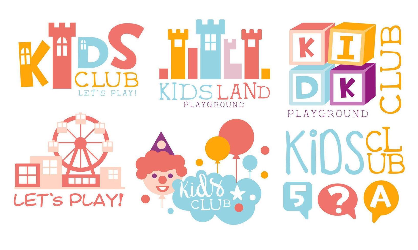 Kids Land Playground Logo Set, Childrens Club Colorful Labels Illustration vector