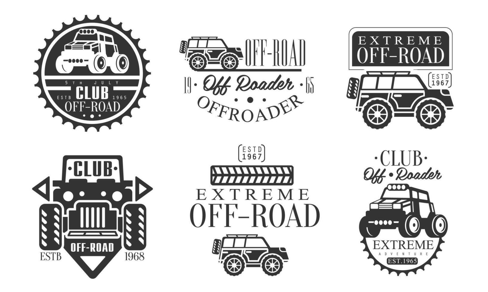Offroader Club Retro Logo Set, Off Road Adventures Monochrome Badges Illustration vector