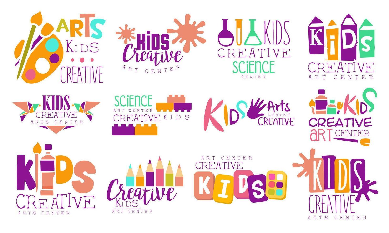 Creative Kids Logo Set, Arts and Science Centre Colorful Labels Illustration vector