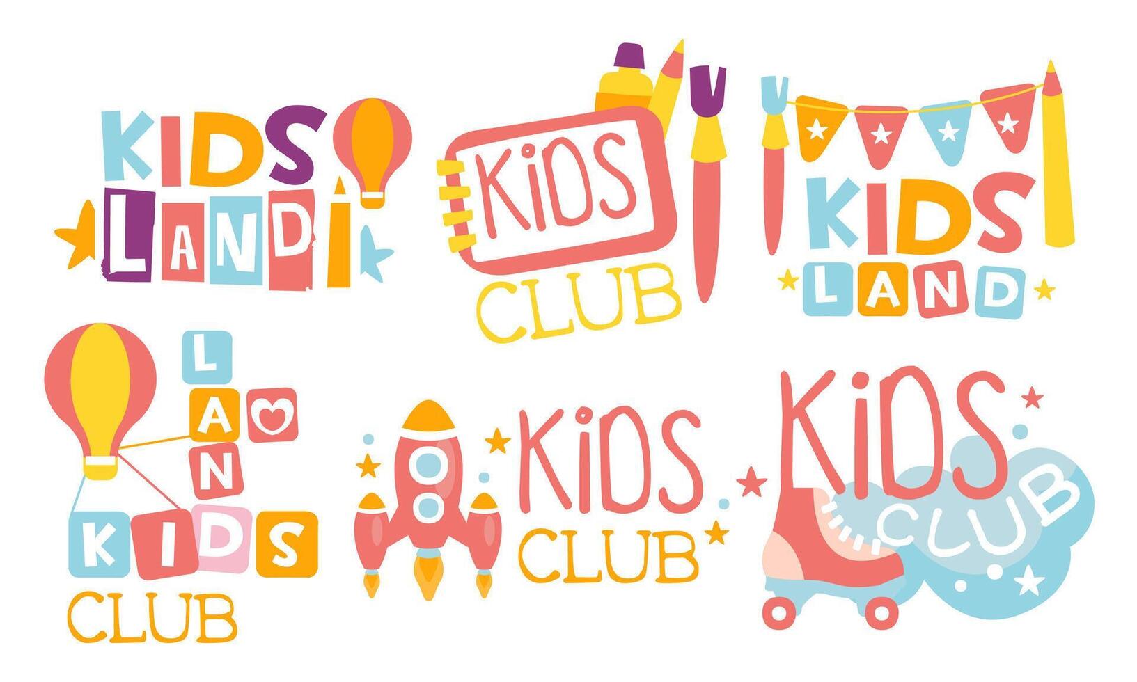 Kids Land Club Logo Set, Playiground, Childrens Centre Colorful Labels Illustration vector