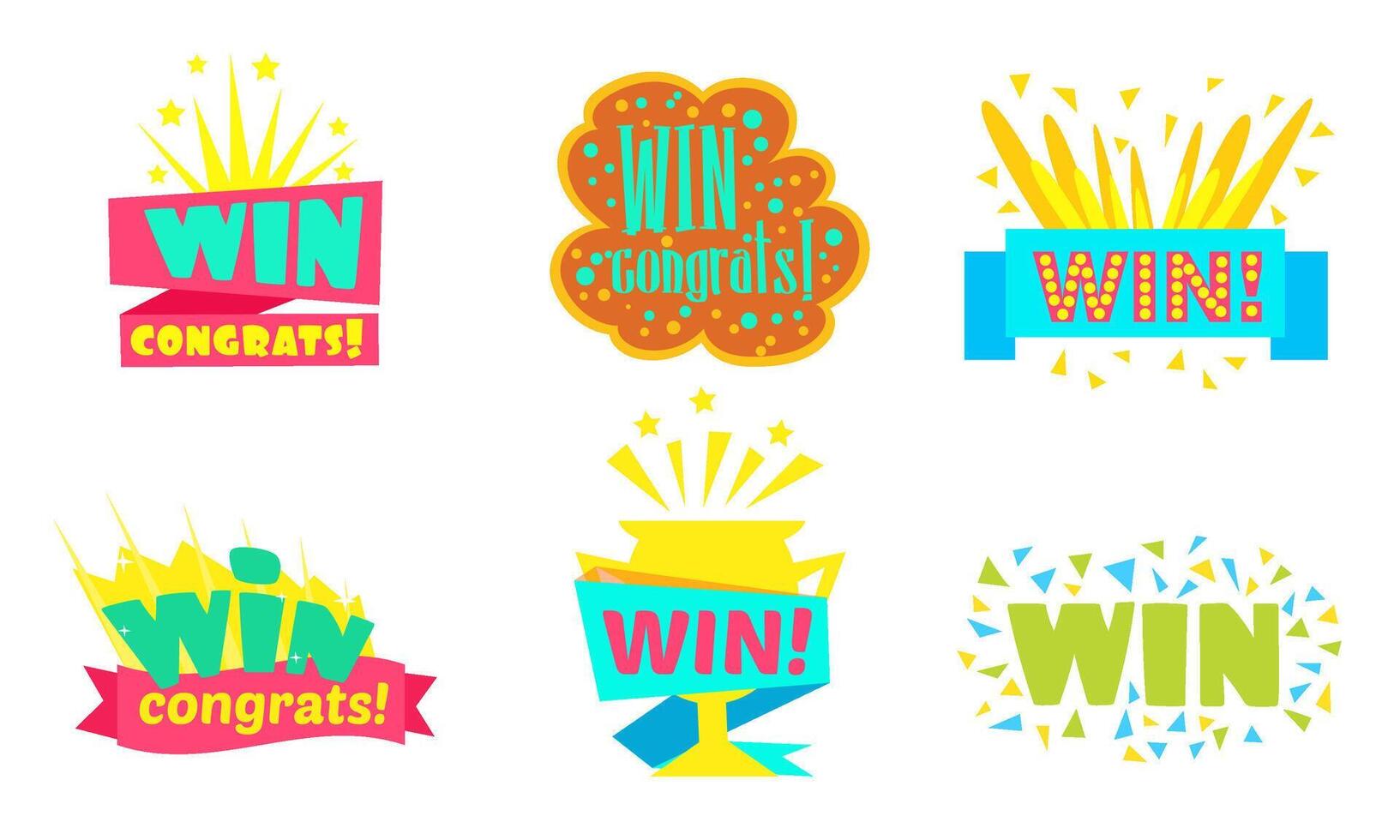 Win, Congrats, Colorful Congratulation Labels or Stickers Illustration vector