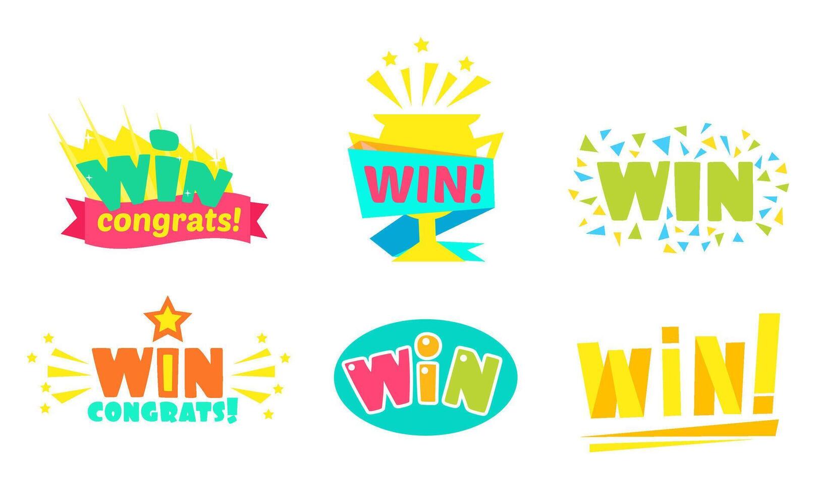Win, Congrats, Colorful Congratulation Labels, Childish Stickers Illustration vector