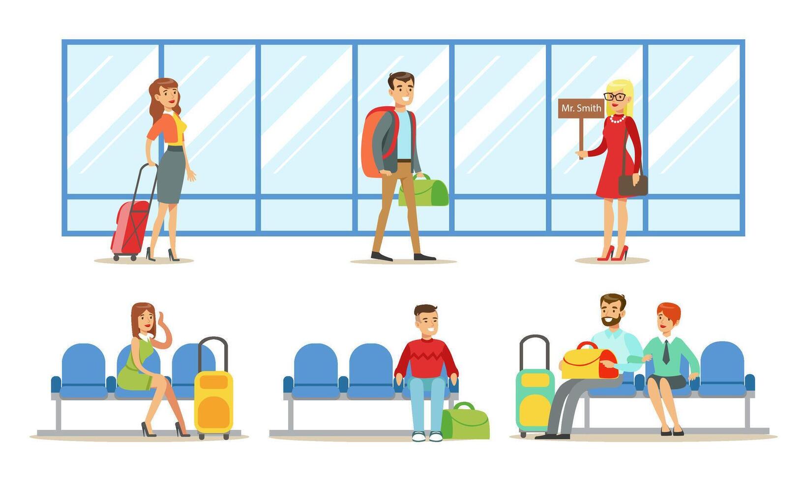 Travelling People in Airport Set, Passengers Waiting for Flight at Terminal Illustration vector