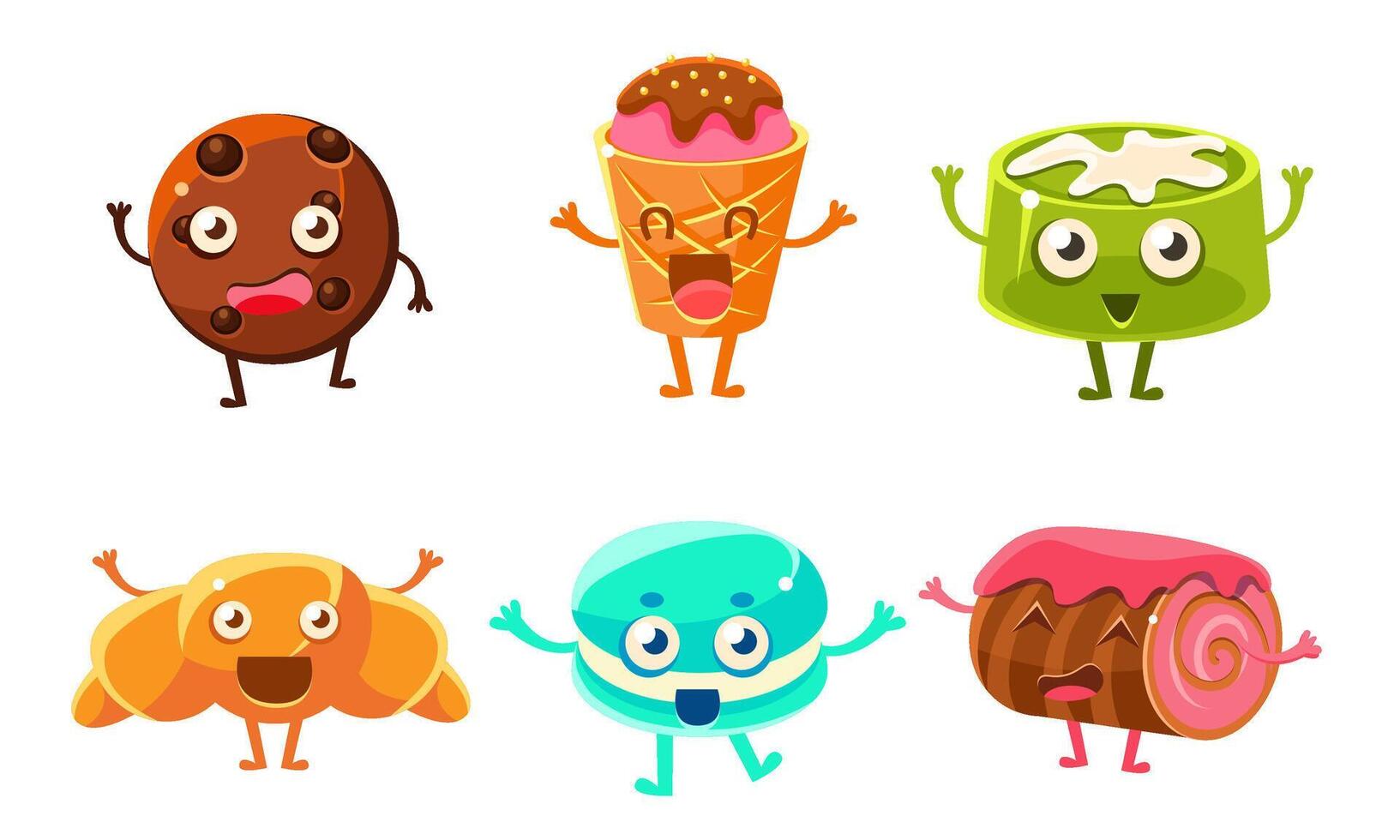 Collection of Funny Desserts Characters, Cookie, Ice Cream, Croissant, Candy, Biscuit Roll, Macaroon Illustration vector