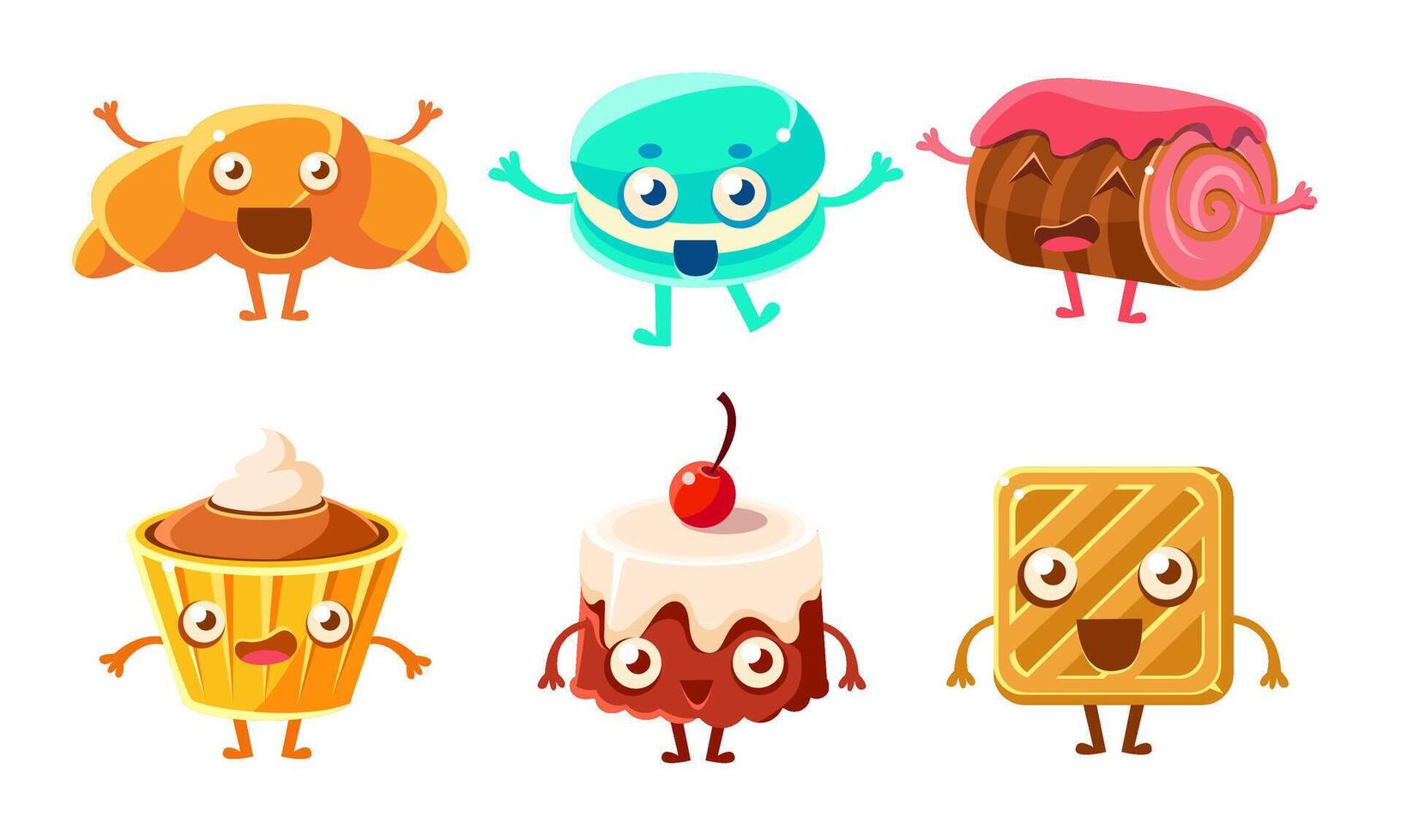Collection of Funny Desserts Characters, Croissant, Biscuit Roll, Macaroon, Cookie, Cake, Cupcake Illustration vector