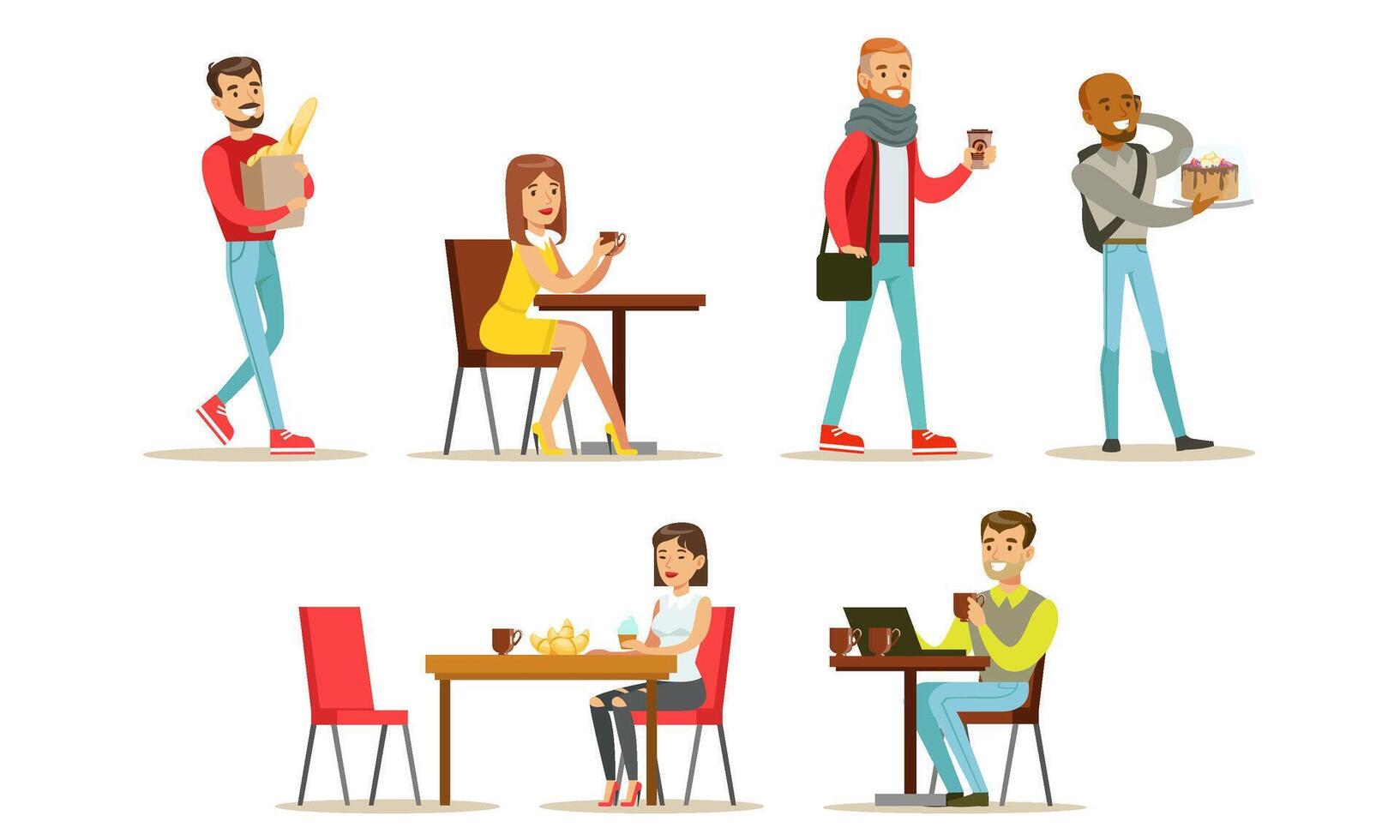 Collection of People Sitting at Tables, Drinking Coffee or Tea at Cafe, Visitors Buying Desserts, Baguette and Drinks at Bakery Shop or Confectionery Illustration vector