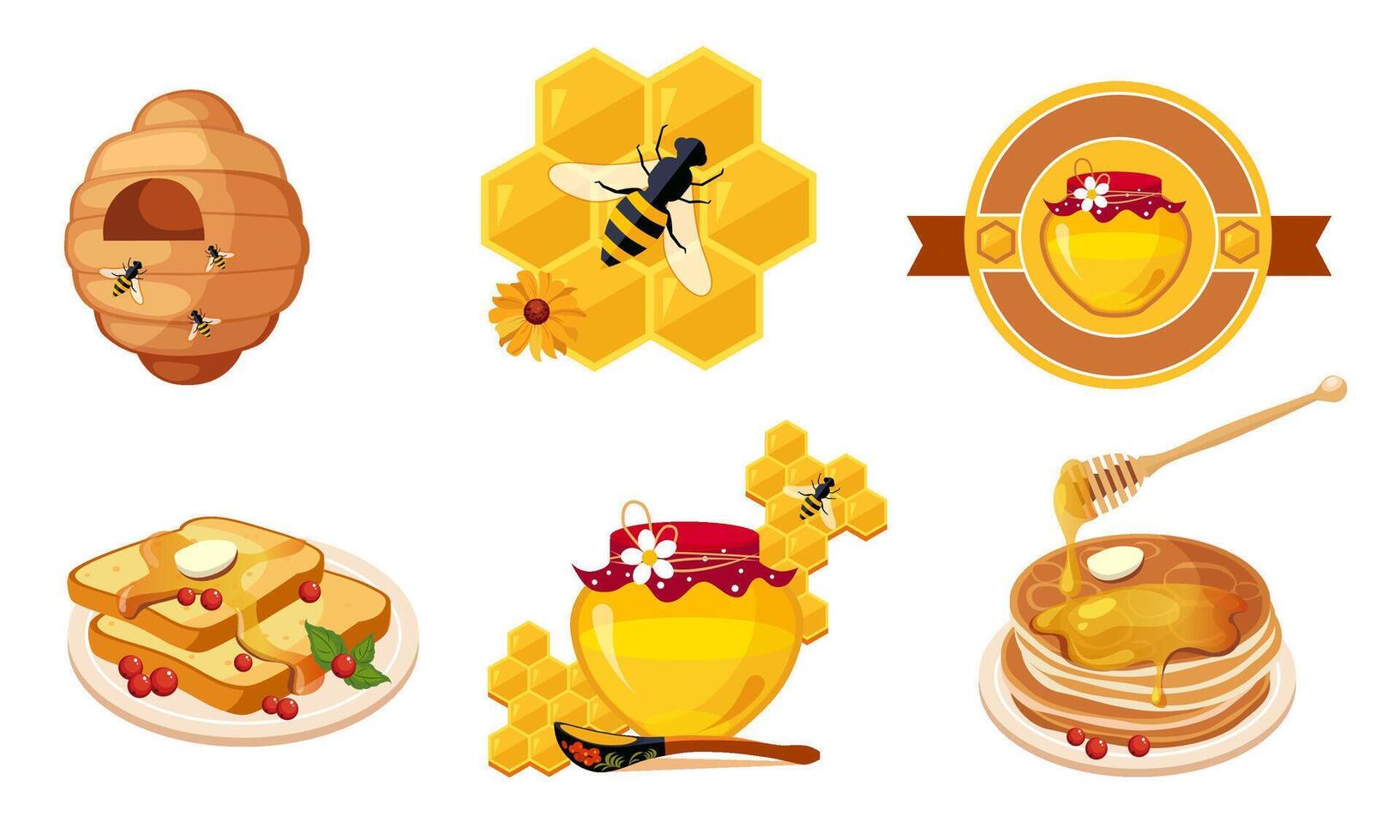 Honey and Beekeeping Elements Set, Beehive, Honeycomb, Toast Bread Slice, Honey Jar, Stack of Pancakes Illustration vector