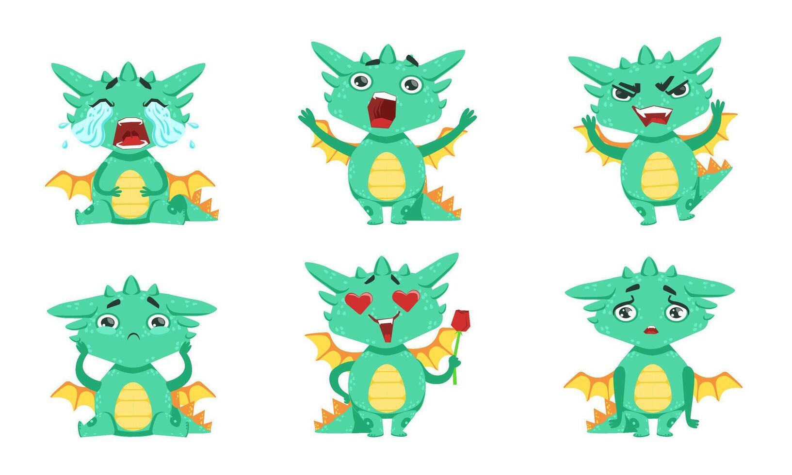 Cute Green Dragon Cartoon Character in Different Situations Set, Funny Fantastic Creature with Various Emotions Illustration vector