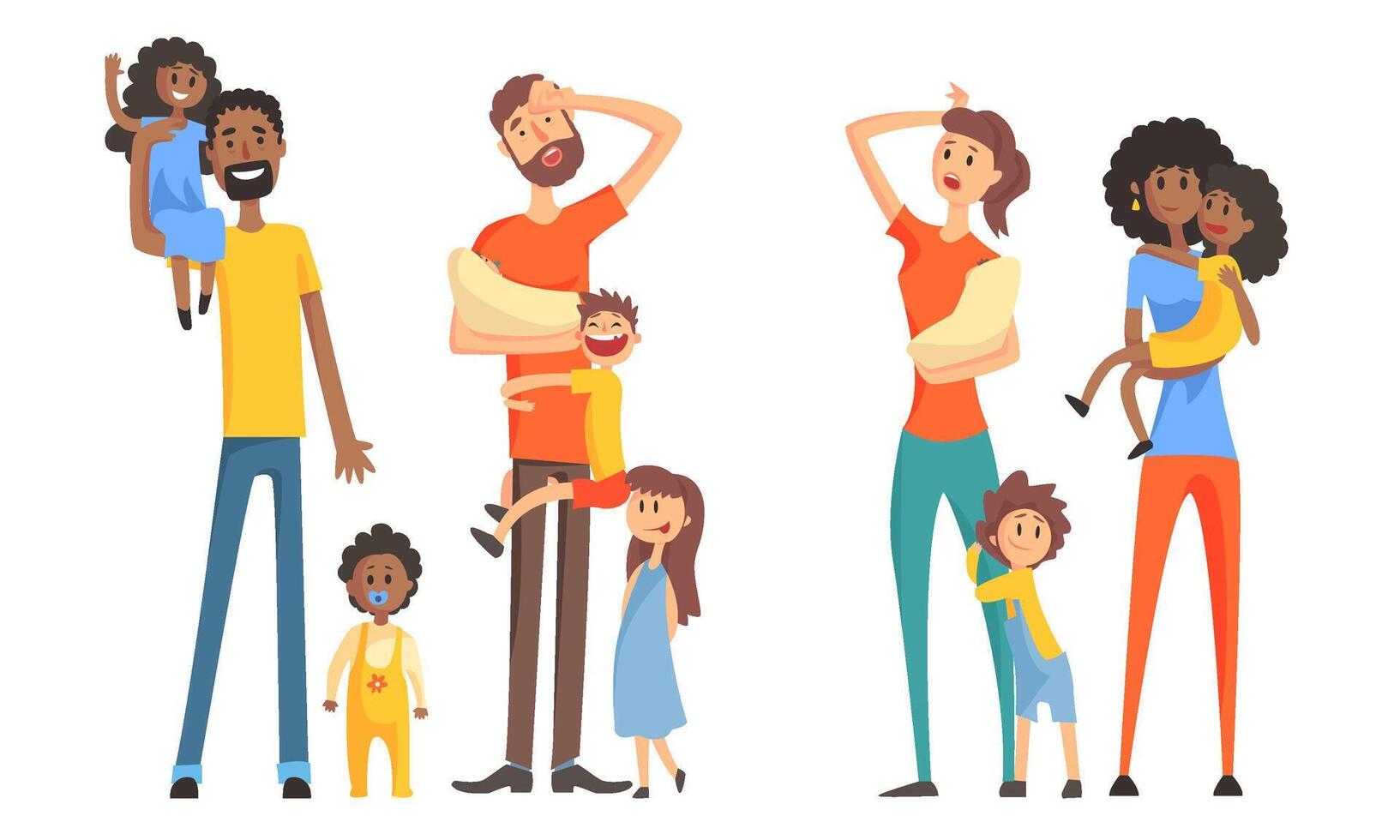 Large Familes Set, Tired Parents and Their Naughty Children, Parenting Stress Illustration vector