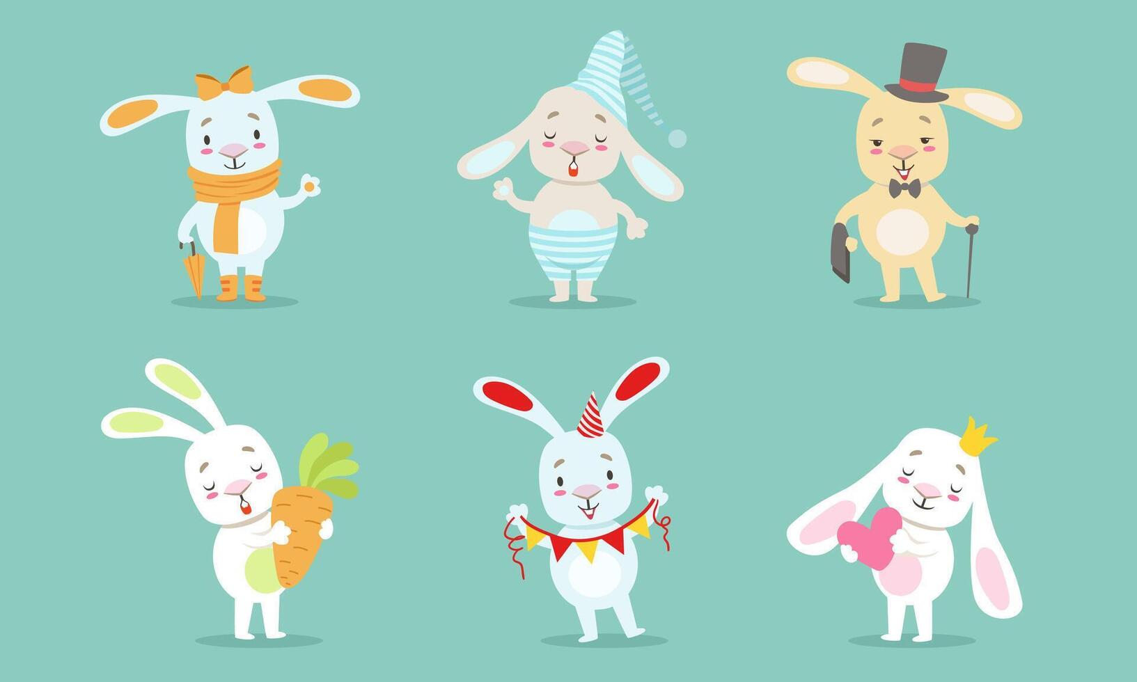 Cute Little Bunnies Characters Set, Adorable Happy Rabbits in Different Situations Illustration vector
