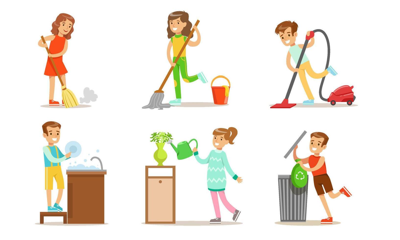 Cute Children Doing Housework Set, Boys and Girls Mopping, Sweeping and Vacuuming Floor, Washing Dish, Watering Plants, Kids Helping Parents with Housekeeping Illustration vector