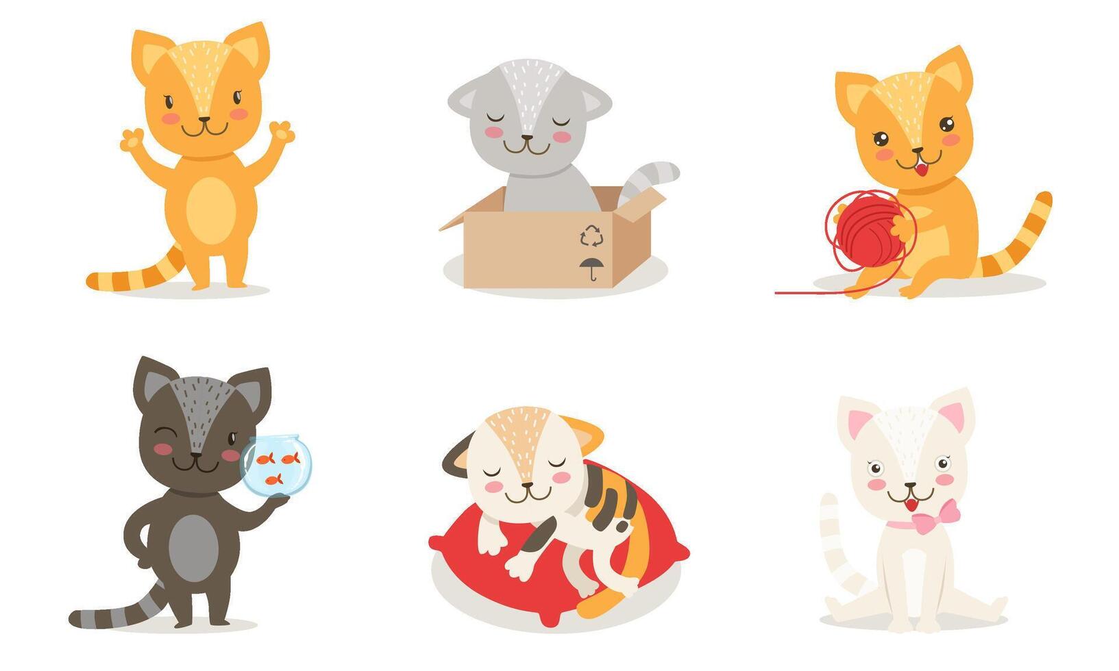 Cute Kittens Cartoon Characters Set, Adorable Little Cats in Different Situations Illustration vector