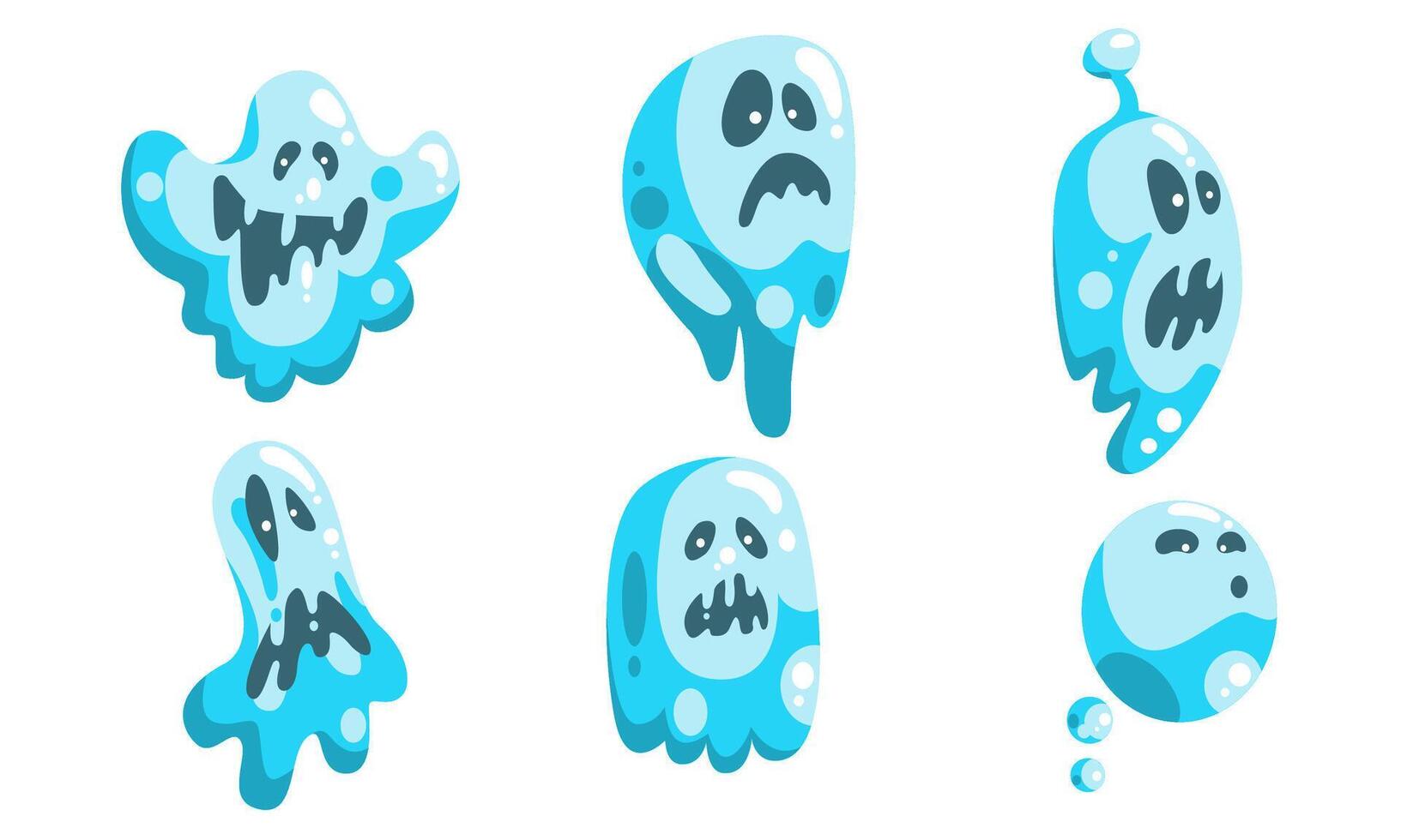 Blue Ghost Cartoon Character Set, Funny Halloween Scary Ghostly Monster with Various Emotions Illustration vector