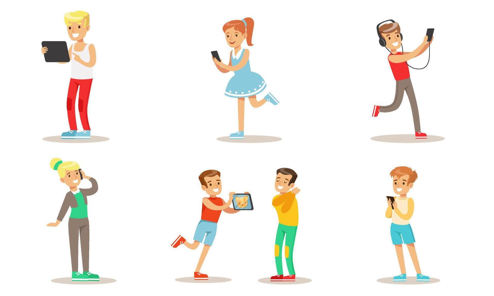 Children with Gadgets Set, Boys and Girls Using Smartphones, Pads, Listening Music Illustration vector
