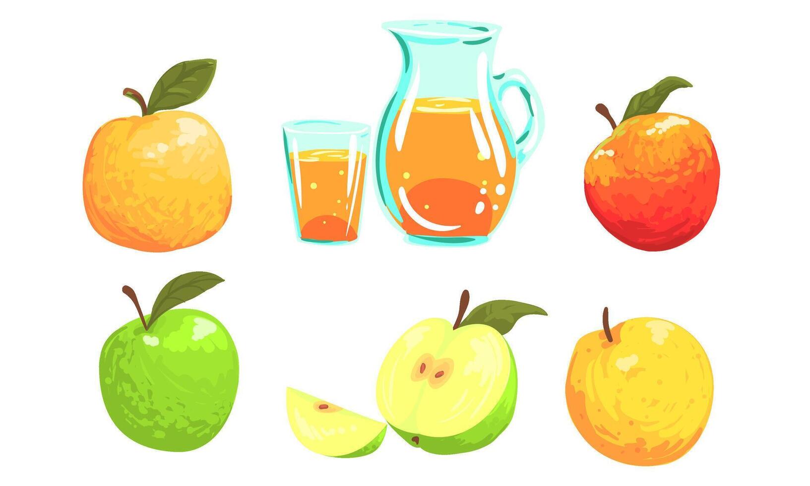 Collection of Colorful Apples, Red, Green, Yellow Whole and Sliced Fruit, Apples Juice Illustration vector