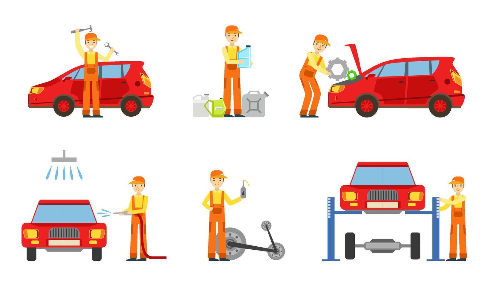 Car Service Elements Set, Male Auto Mechanics in Uniform Repairing, Washing Cars, Testing Vehicles Illustration vector