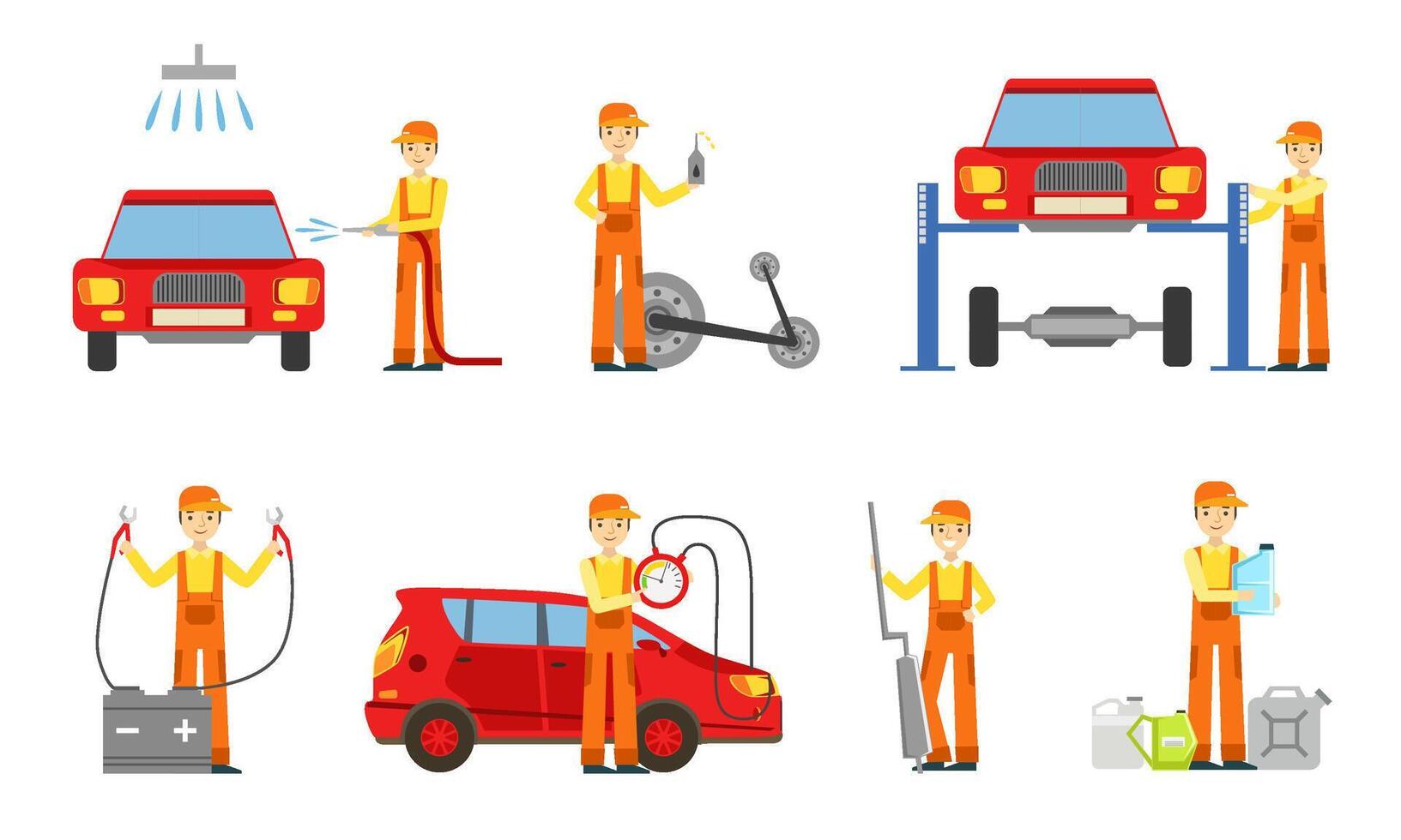 Car Service Set, Male Auto Mechanics in Uniform Repairing, Washing Cars and Testing Vehicles Illustration vector