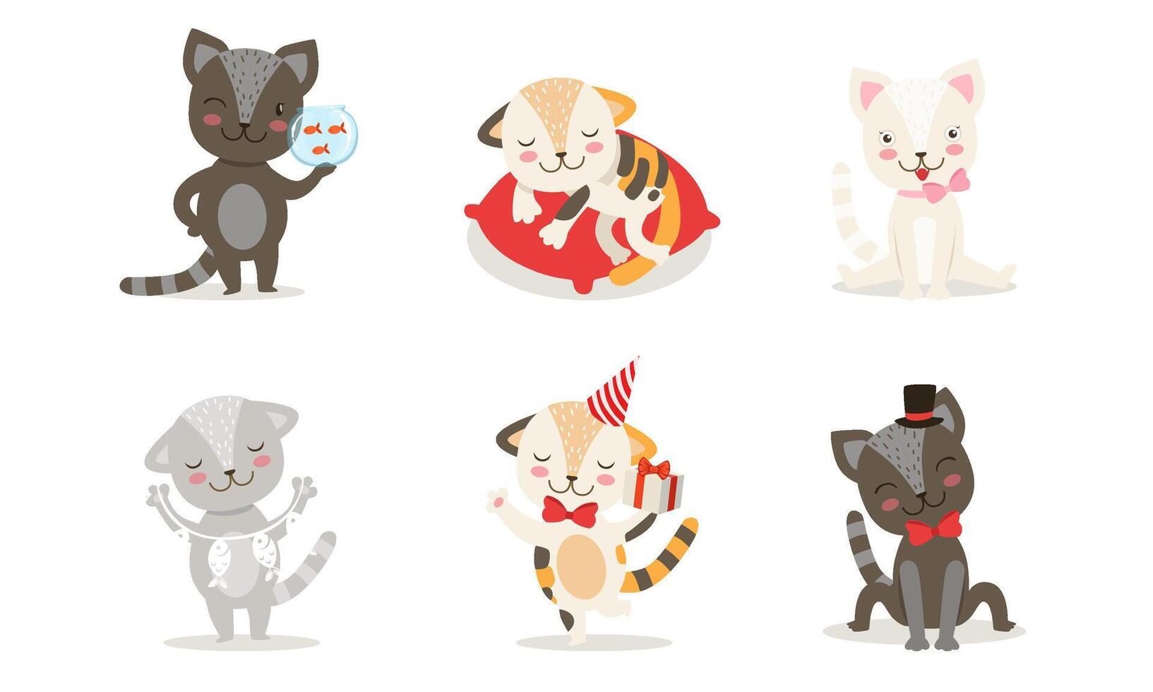 Cute Kittens Cartoon Characters Set, Adorable Cheerful Little Cats in Different Situations Illustration vector