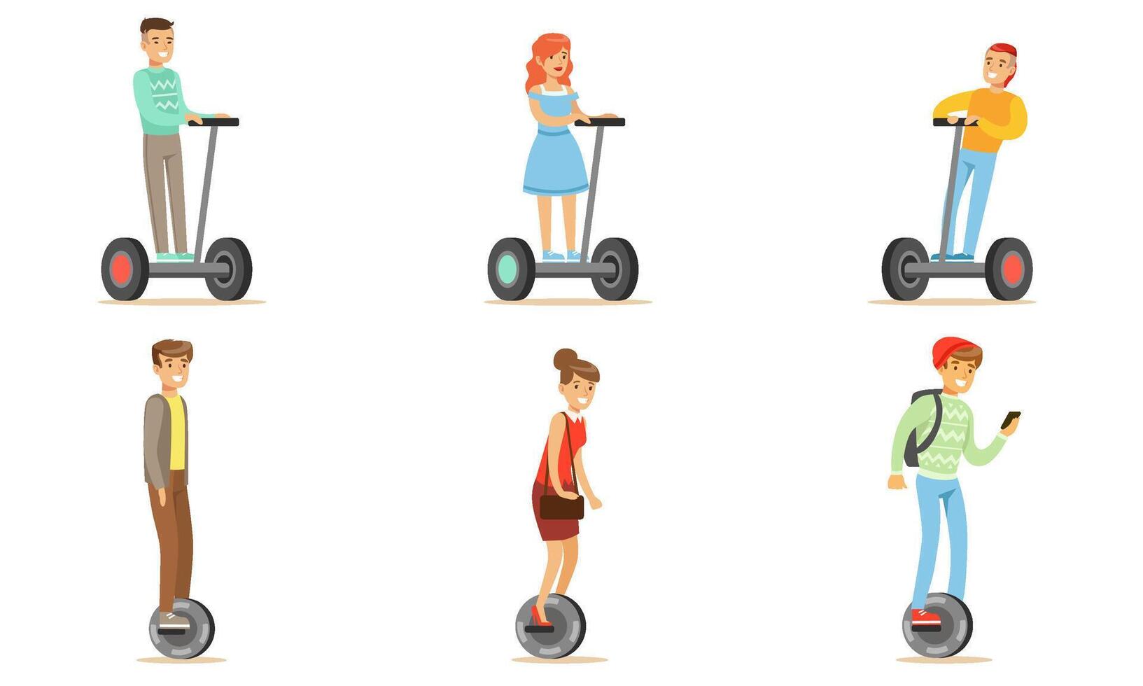 People Riding Self Balancing Scooters with One or Two Wheels, Young Men and Women Using Modern Individual Electric City Transport Illustration vector