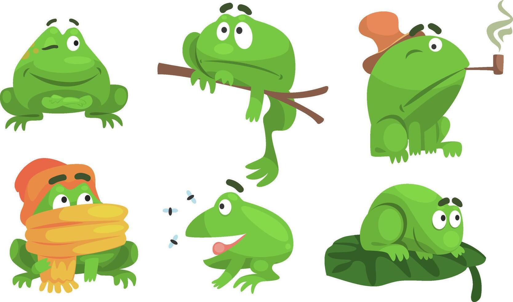 Green Frog Cartoon Character of Different Activities Set, Funny Amphibian Animal with Various Emotions Illustration vector