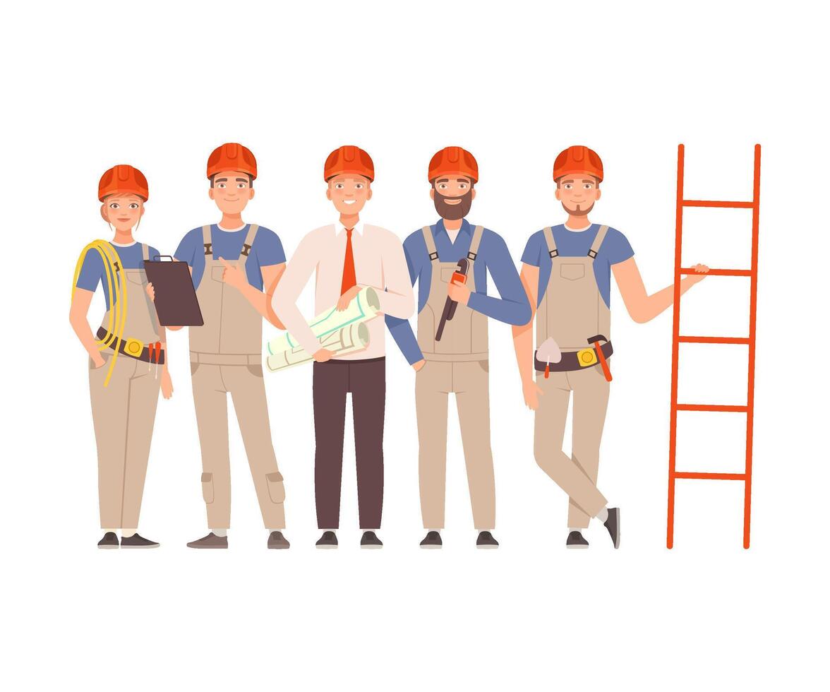 Team of builders in gray overalls and blue shirts with tools in their hands next to the stairs. vector