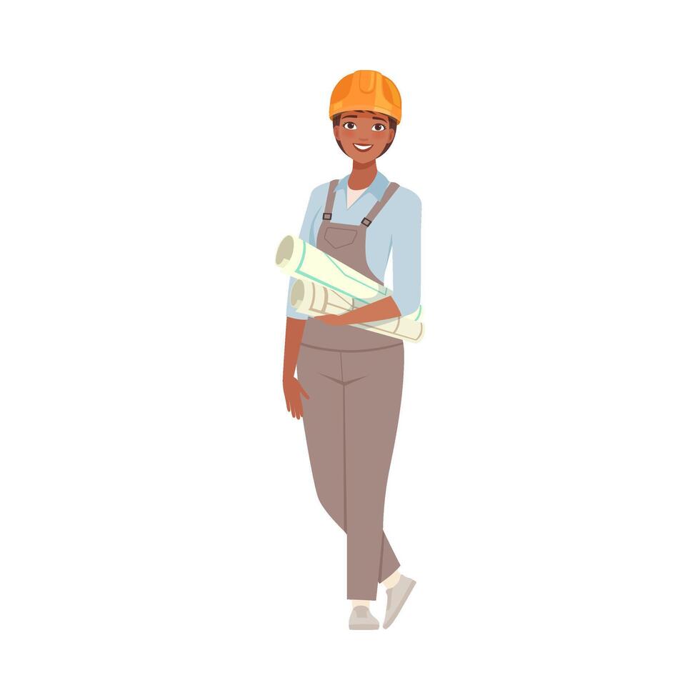 Woman in gray overalls holds rolls of paper with drawings. illustration. vector