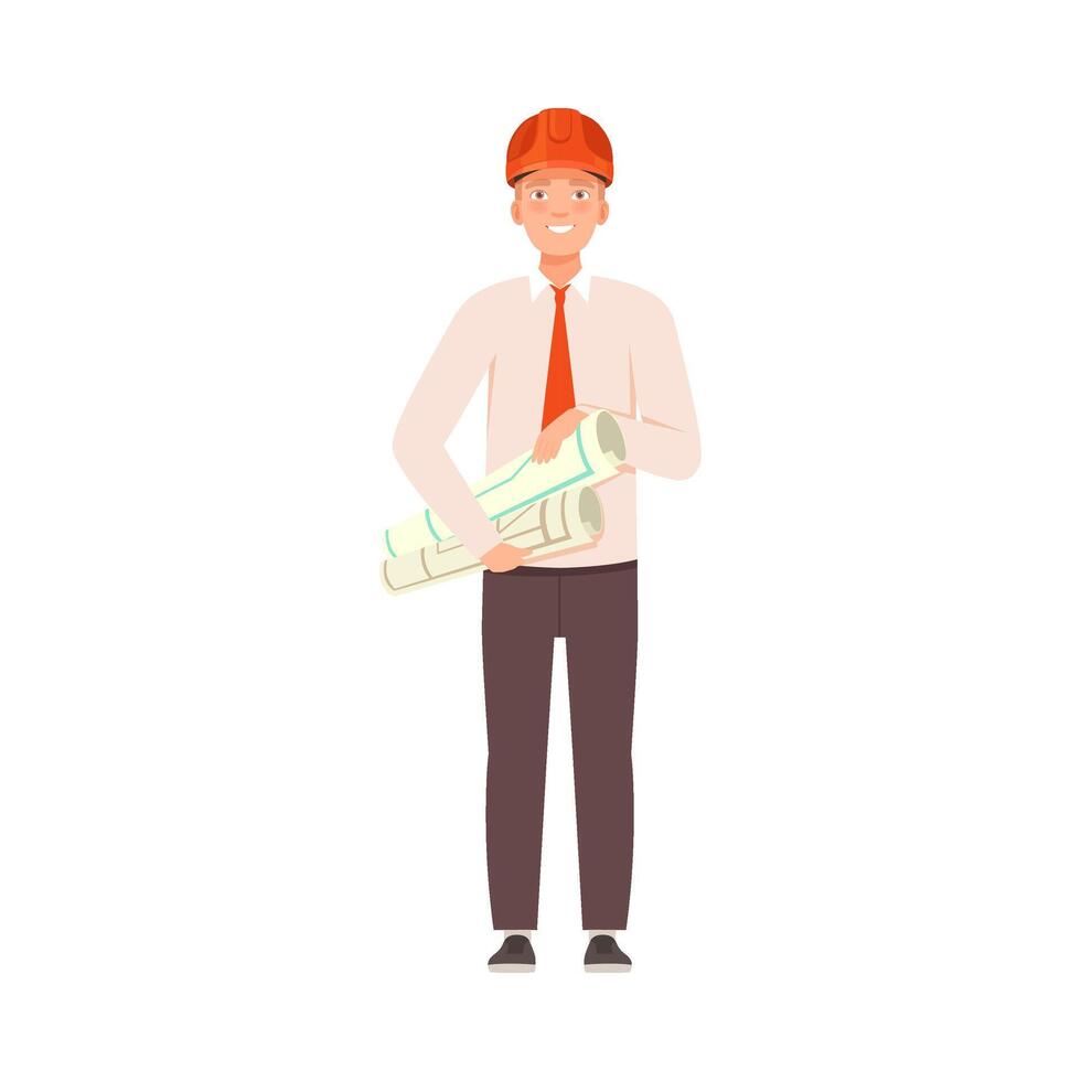Male engineer with rolls of drawings in his hands. illustration. vector