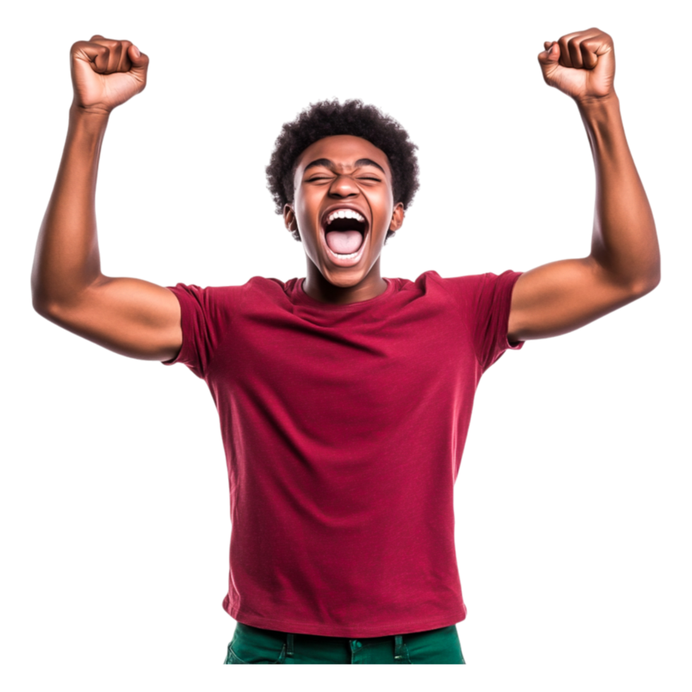 Excited young man celebrating with joyful expressind raised arms png