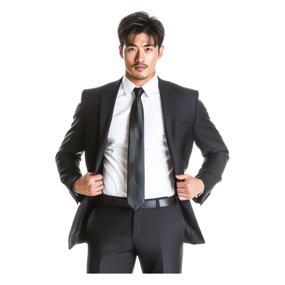 Confident Man in Formal Suit Adjusting Tie with Stylish Look png