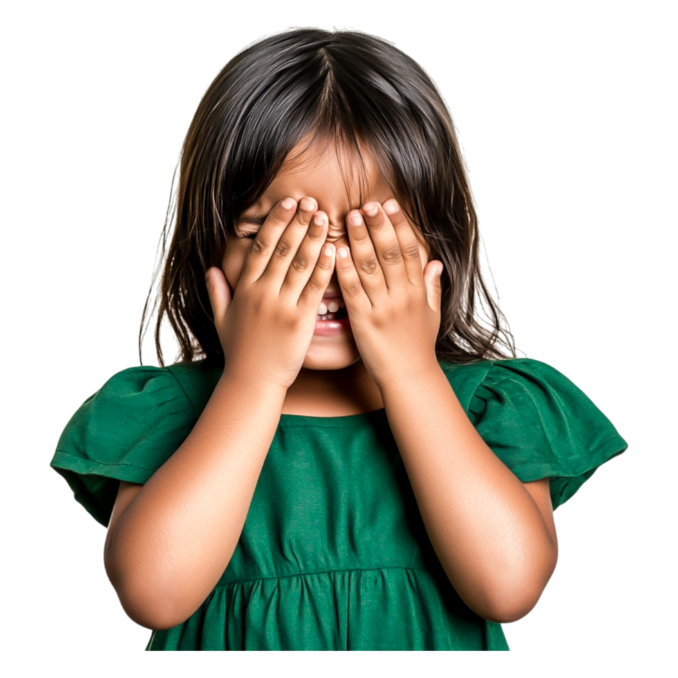Young Child Playfully Hiding Face with Hands in Green Dress png