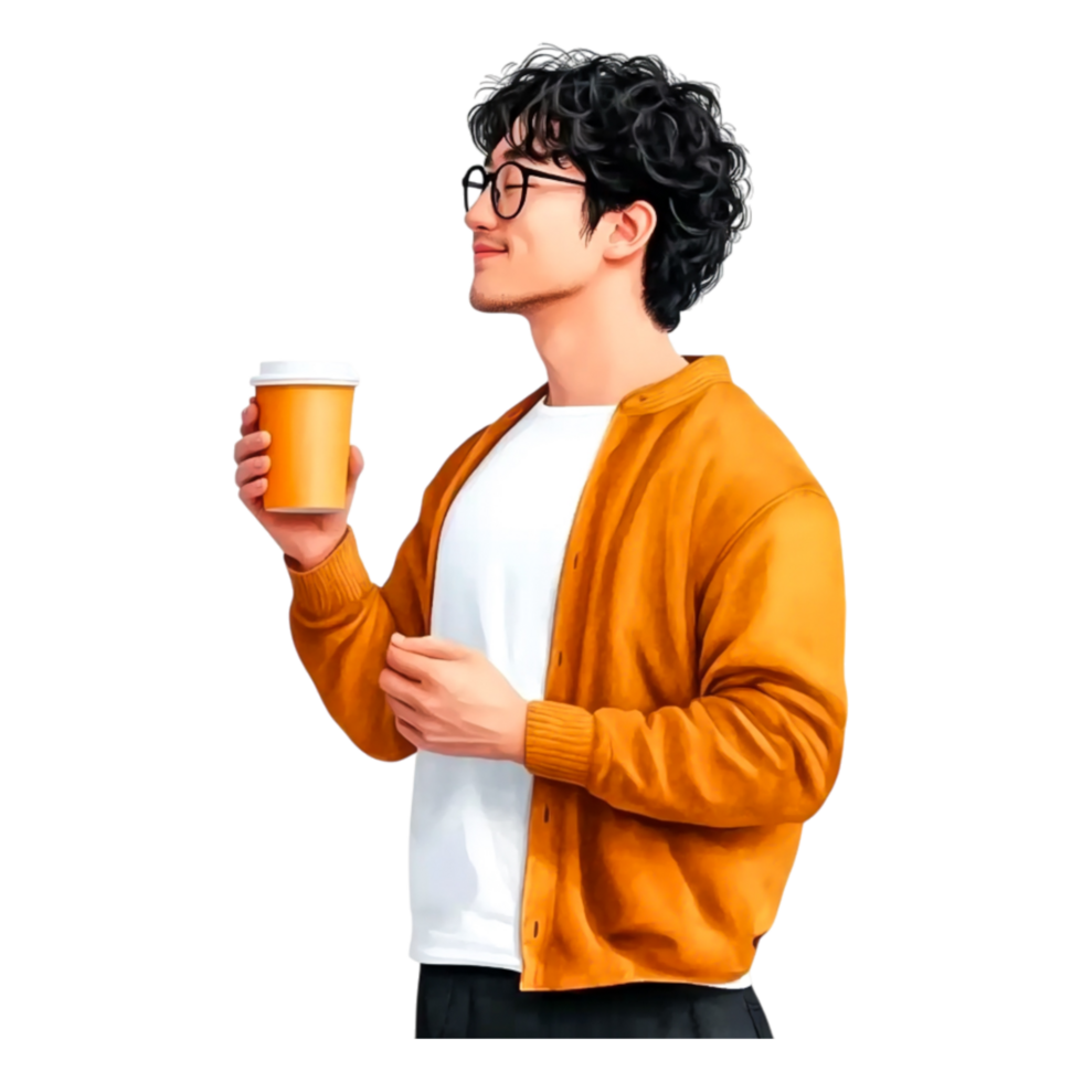 Young man enjoying coffee with a warm smile in an autumn sweater png
