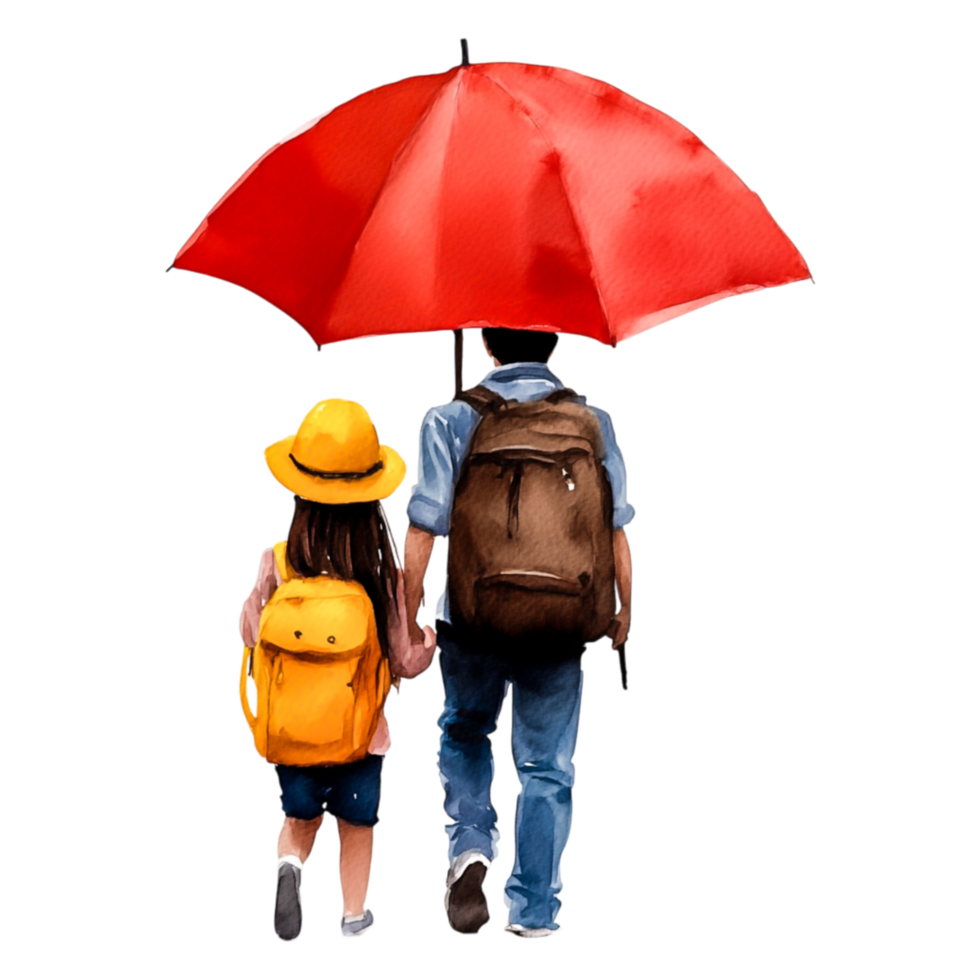 Loving Family Stroll Under Red Umbrella in Rainy Weather png