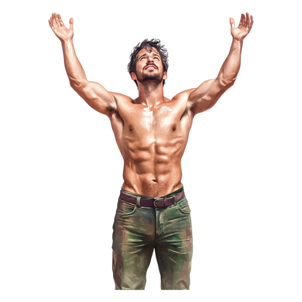 Man with muscular build expressing joy and freedom outdoors png