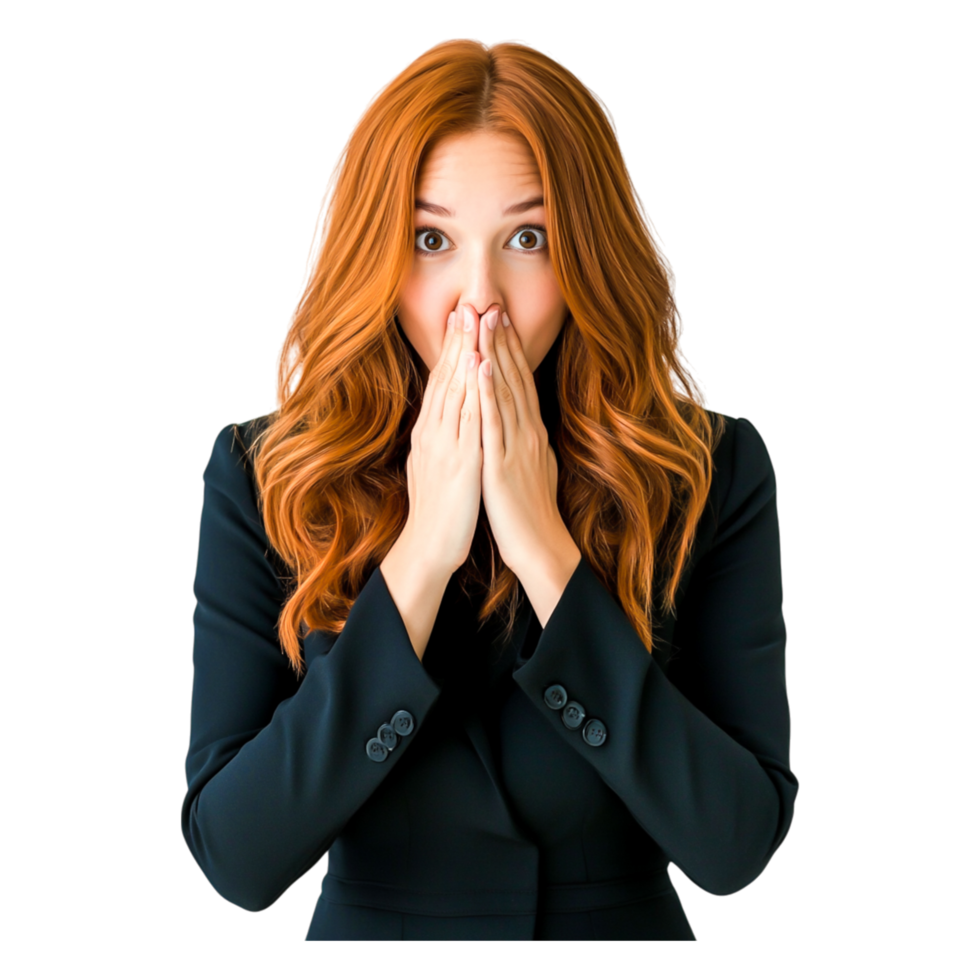 Surprised Woman with Long Red Hair Covering Mouth in Black Jacket png