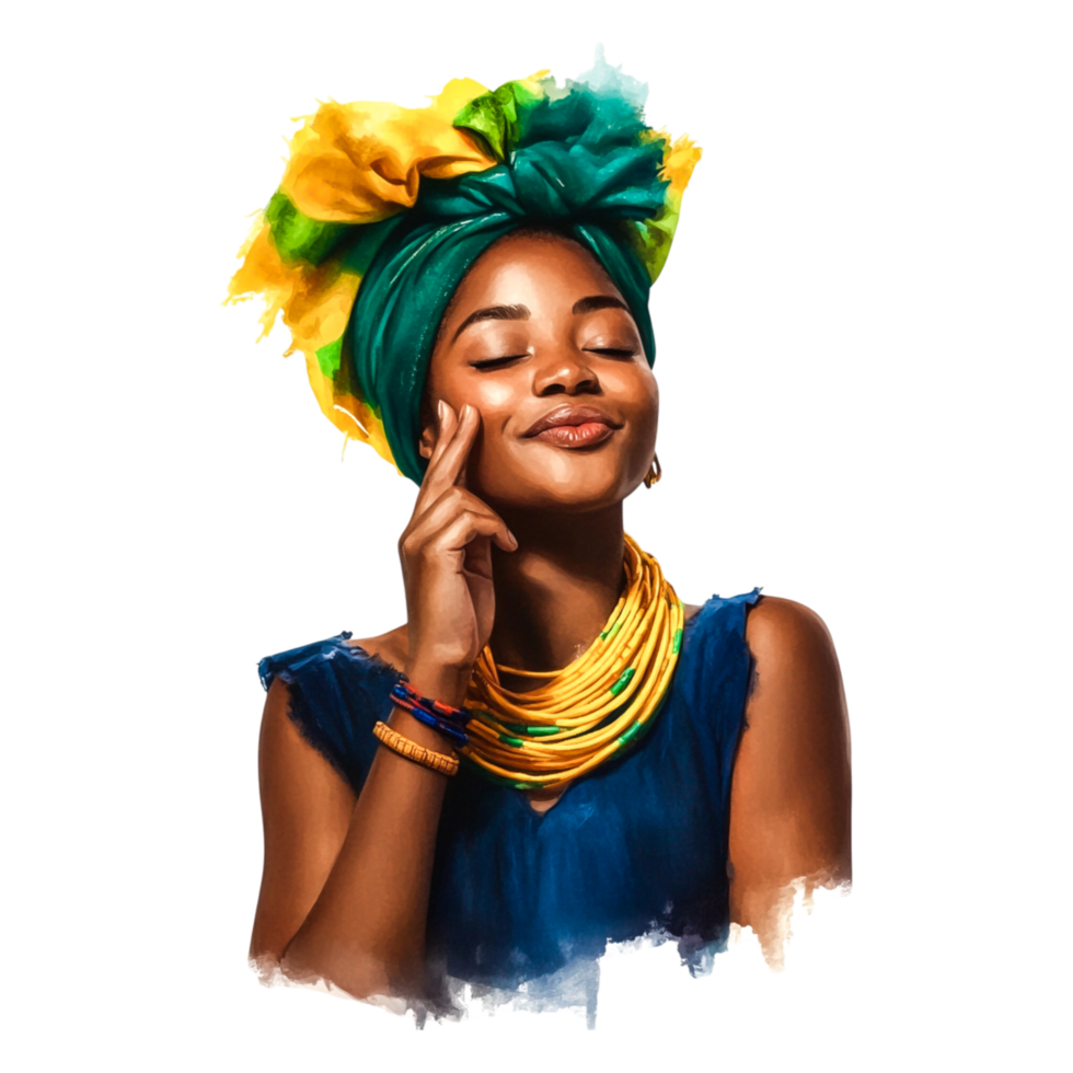 Vibrant African Woman with Colorful Headwrap and Joyful Expression png