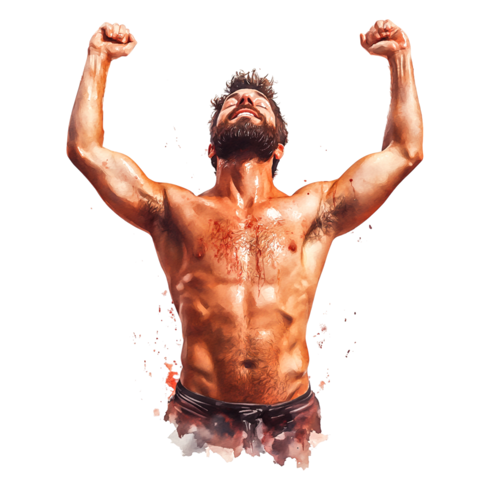 Athletic man celebrating victory with raised arms and intense expression png