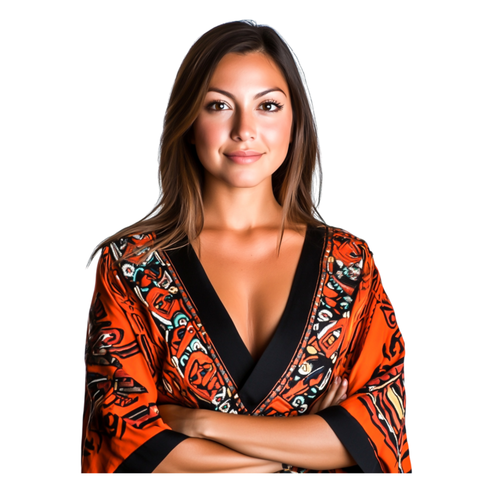 Confident Woman in Vibrant Kimono with Artistic Patterns png