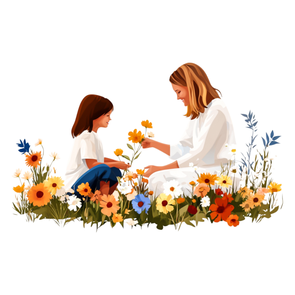 Mother and Daughter Enjoying a Flower Garden Together png