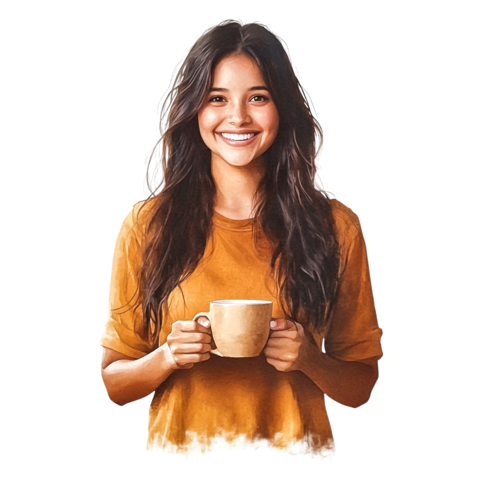 Joyful woman holding coffee mug with radiant smile indoors png