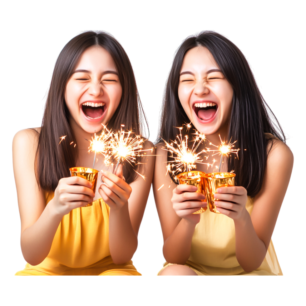 Joyful Celebration with Sparkler Lights and Laughter of Two Friends png