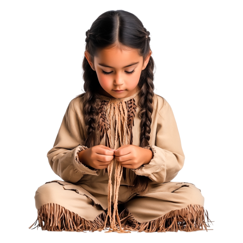 Young Child in Traditional Native American Clothing with Braids png