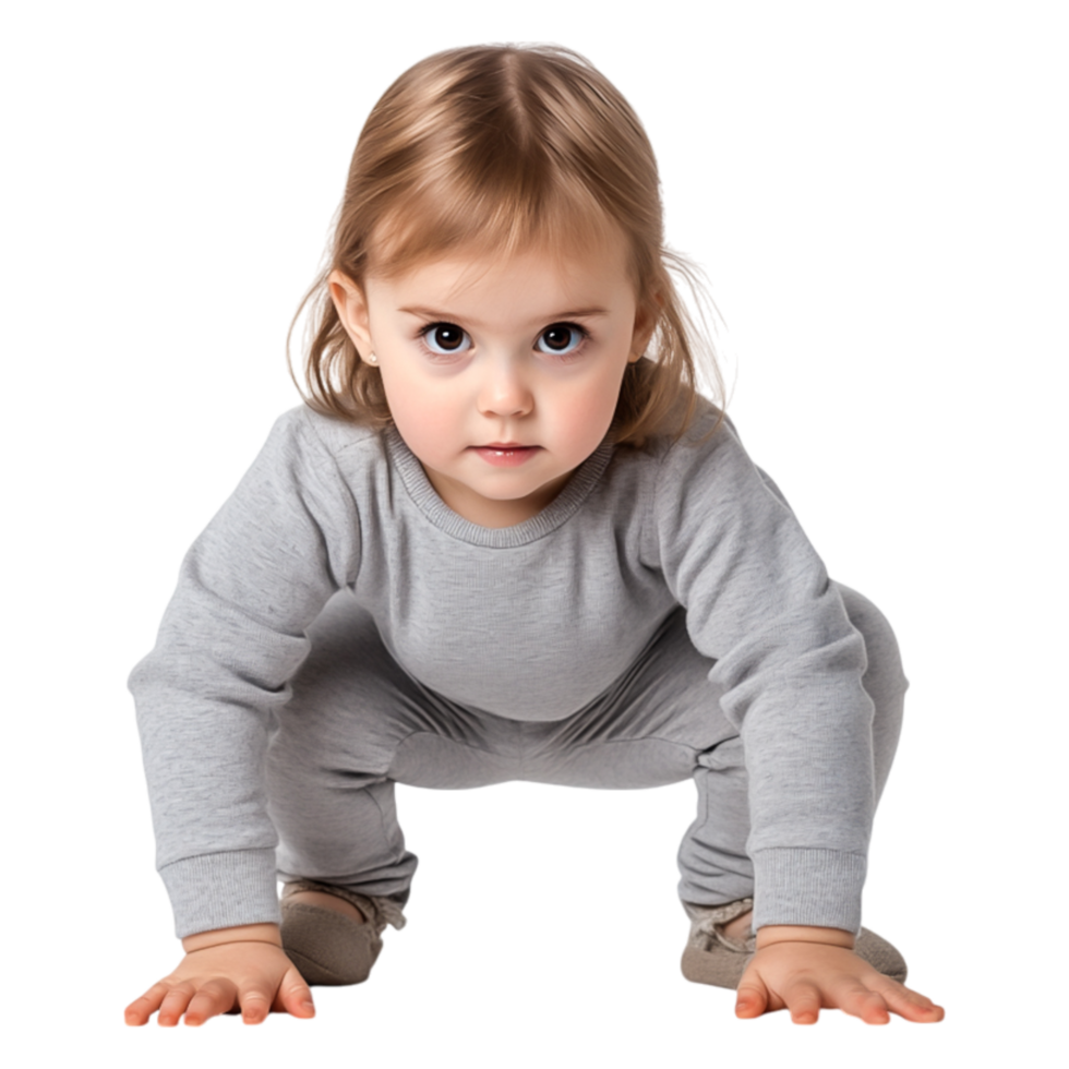 Cute Toddler in Gray Outfit Crawling on Floor with Curious Expression png