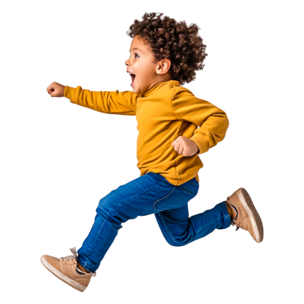 Happy child running with joy in bright yellow sweater outside png