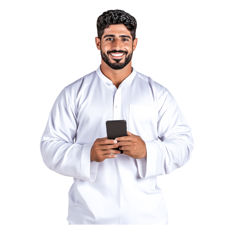 Smiling Man in Traditional Attire Holding Mobile Phone in Studio png