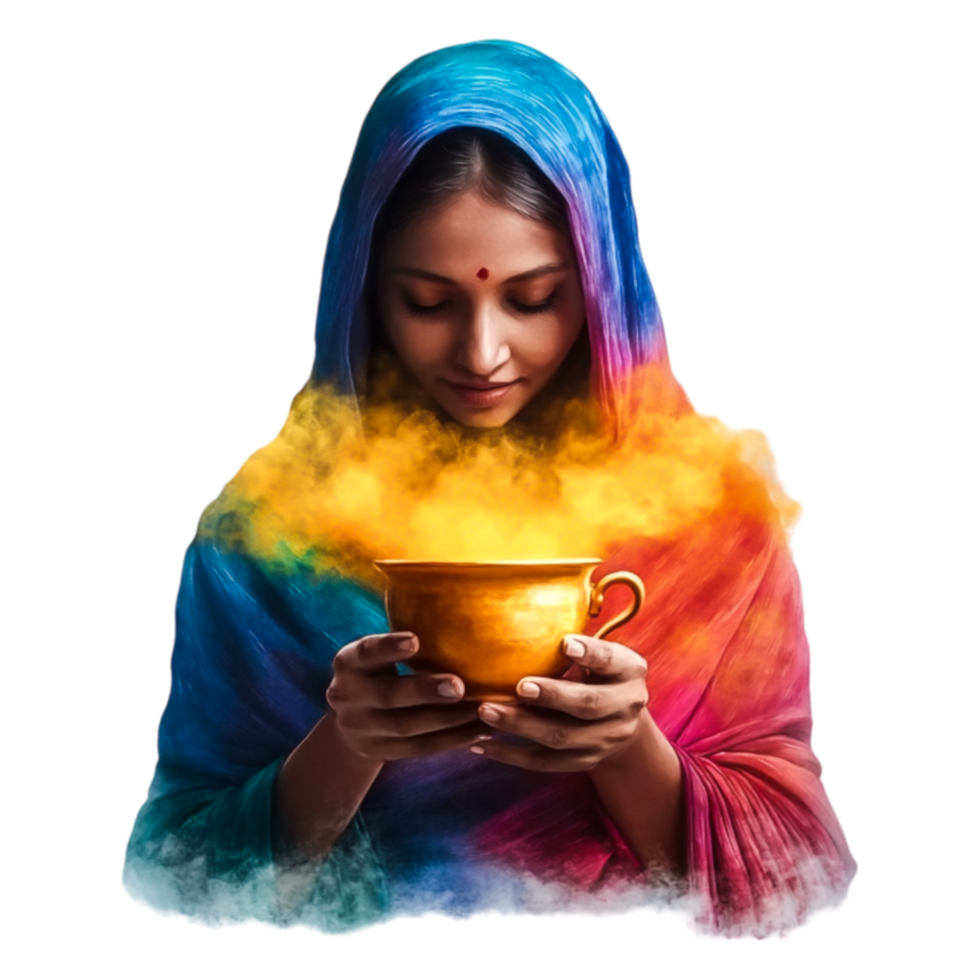 Young Woman in Colorful Shawl Holding Bowl with Colorful Smoke png