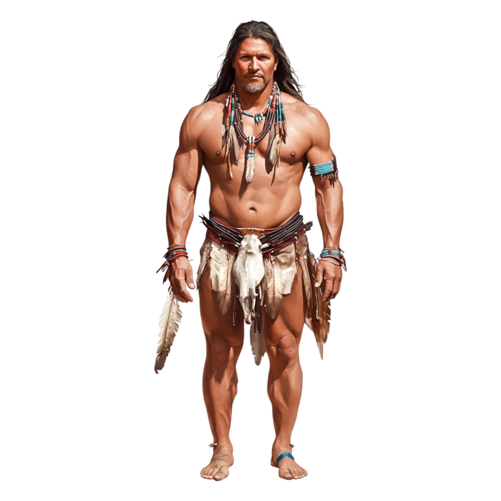 Native American Warrior in Traditional Attire and Natural Setting png