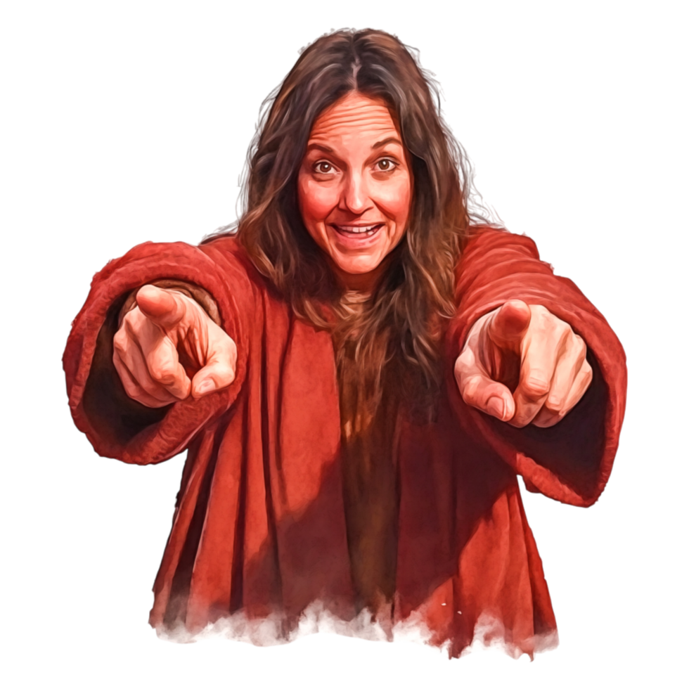 Joyful woman in cozy sweater pointing with expressive gesture png