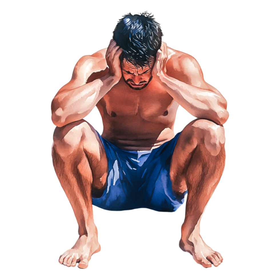 Man in Blue Shorts Sitting with Hands on Head in Distress png