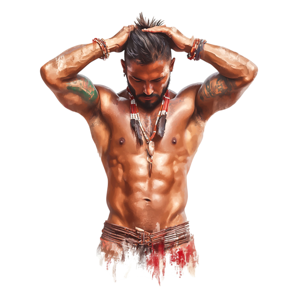 Confident man with tribal body art and strong physique in studio png