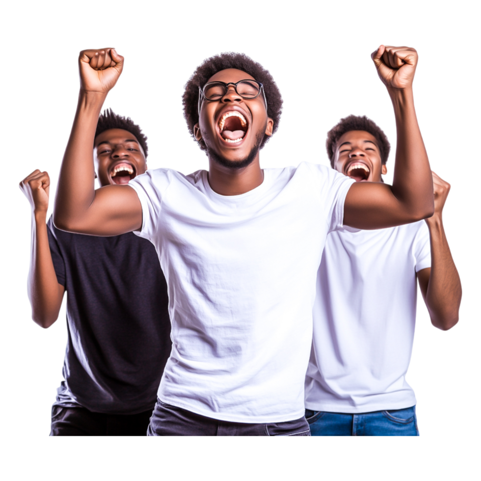 Joyful young men celebrating success with raised fists and excitement png